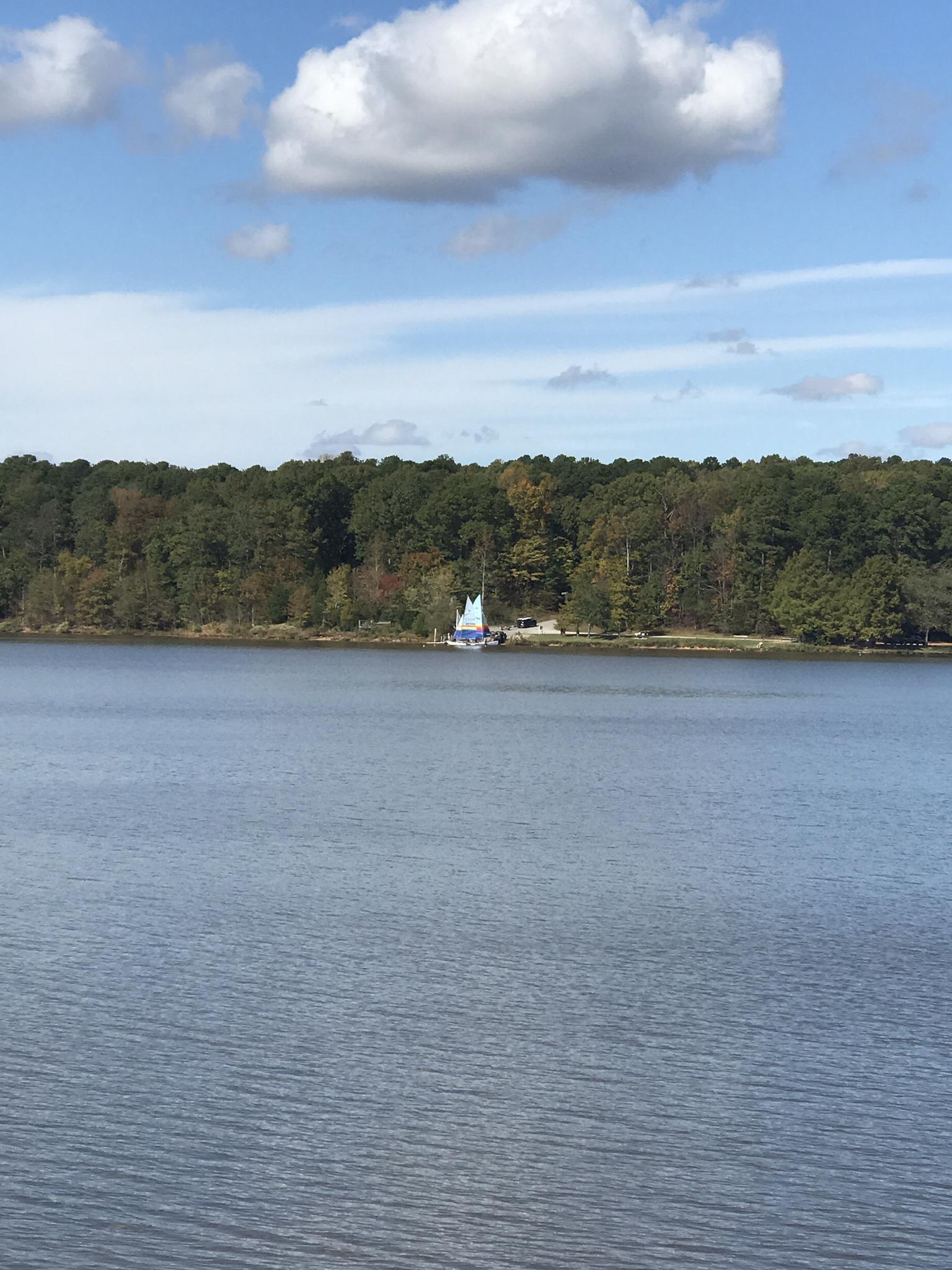 A small sailboat on a calm lake with a forested distant shore.