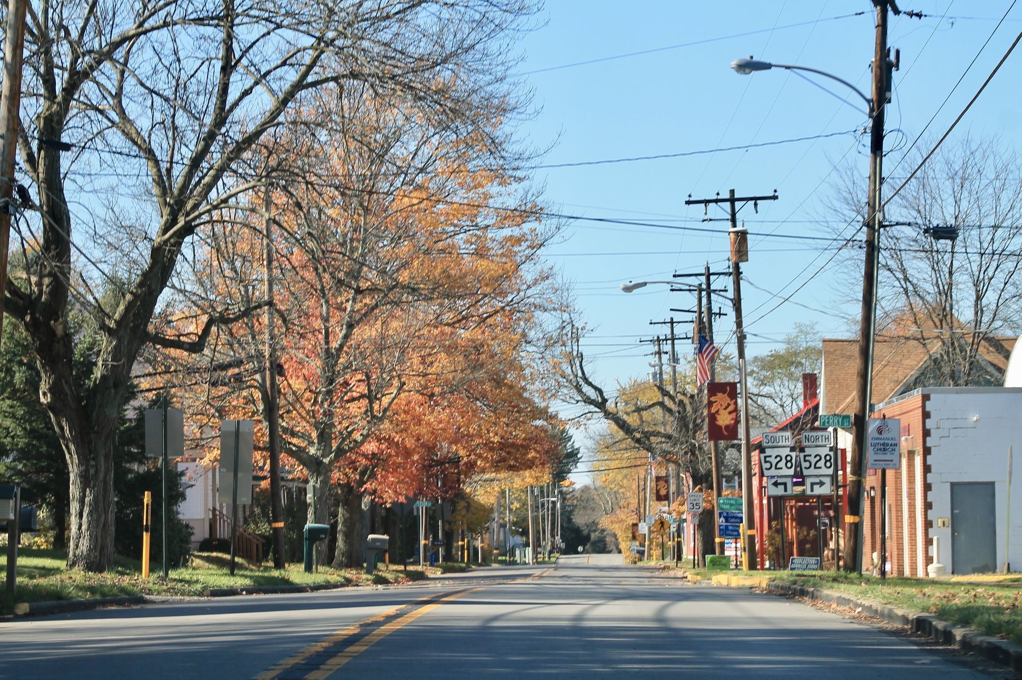 A quiet street lined with autumn trees, utility poles, and buildings under clear skies. - Prospect – Rapp's Seat loop from Zelienople