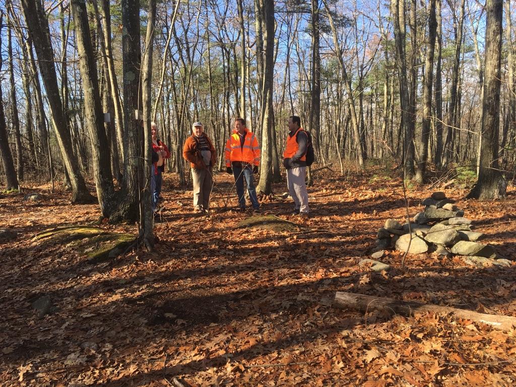 Four people in orange vests stand in a sunlit, leafless forest with cairn.