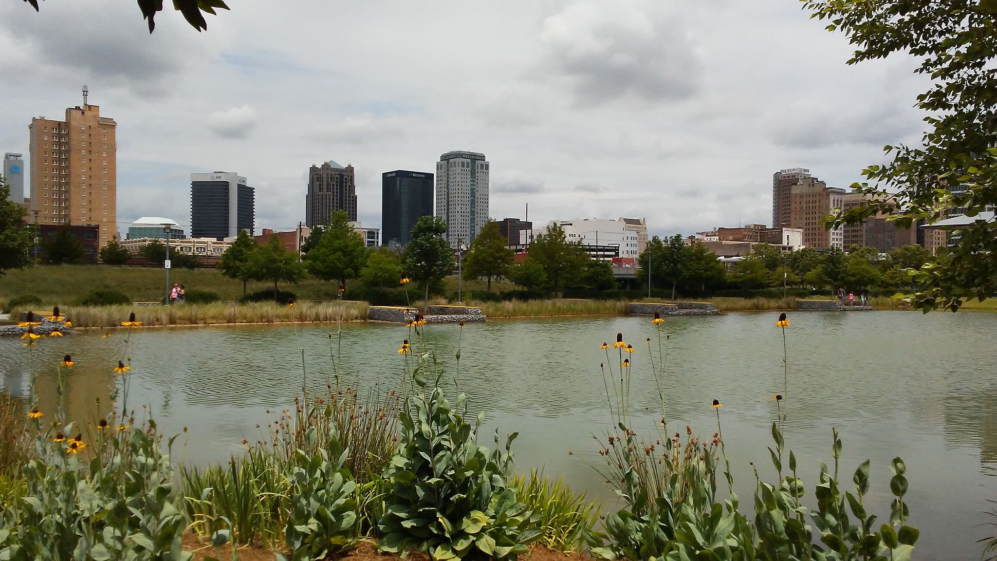 City skyline behind a lake with green plants on an overcast day. - Ruffner Mountain & Old Leeds Road loop