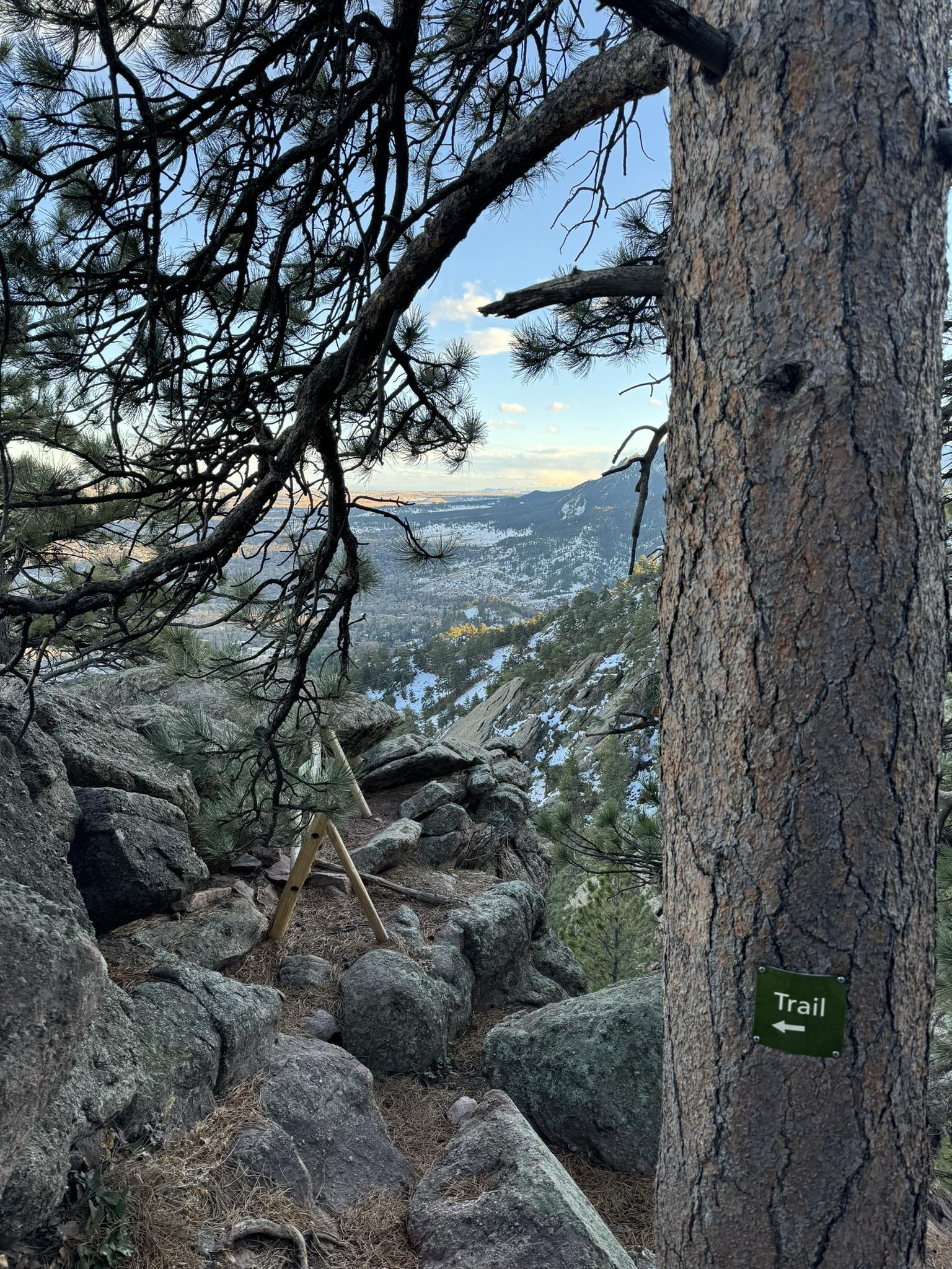 A 'Trail' sign on a tree next to a rocky path overlooking a valley.