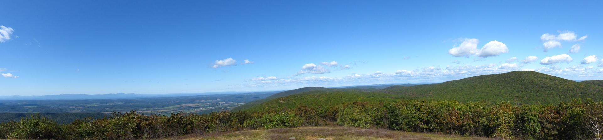 Panoramic view of green forested hills under a bright blue sky with scattered clouds.