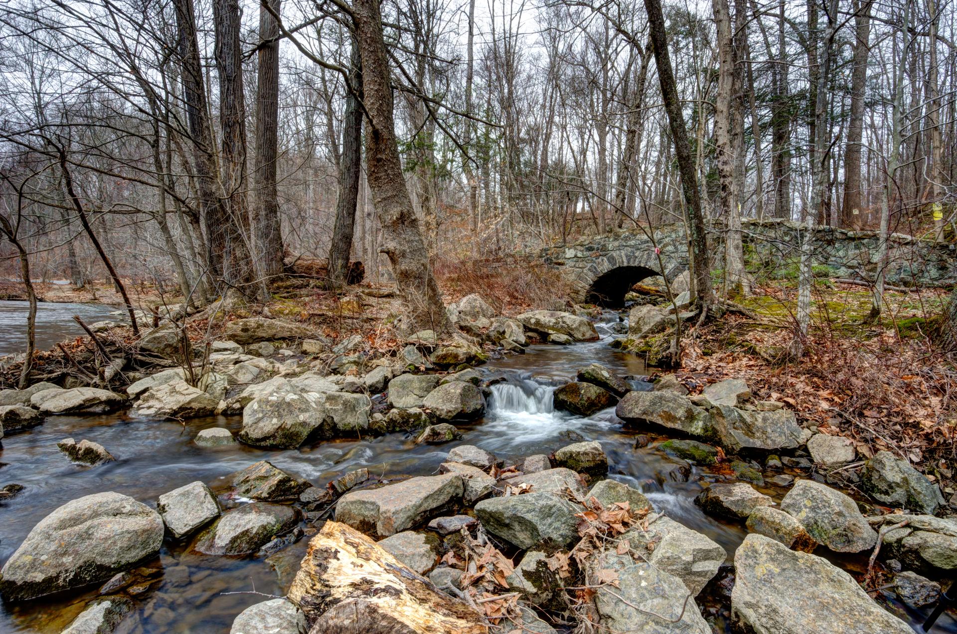 A rocky stream flows under a stone arch bridge in a winter forest.