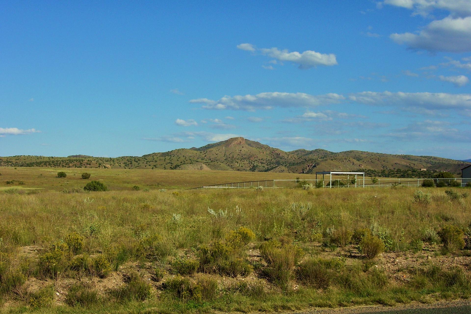 Sunny landscape with golden grass, distant mountains, and a white structure under blue sky.