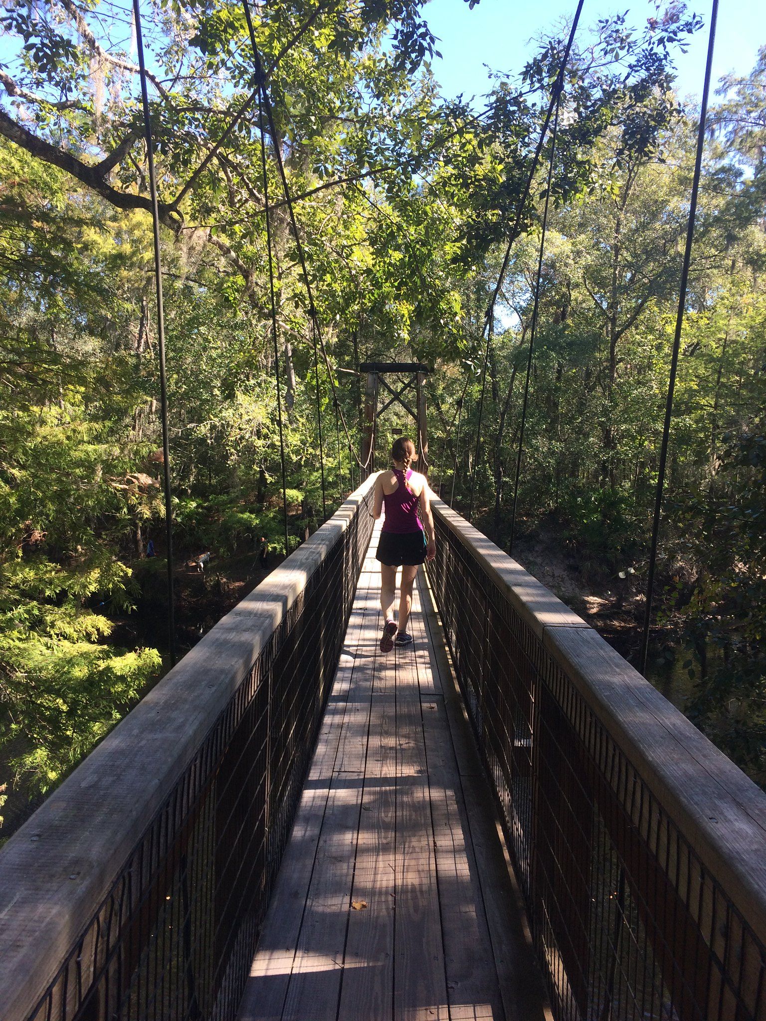 A person walks across a long wooden suspension bridge in a sunny forest. - River Sink Trail