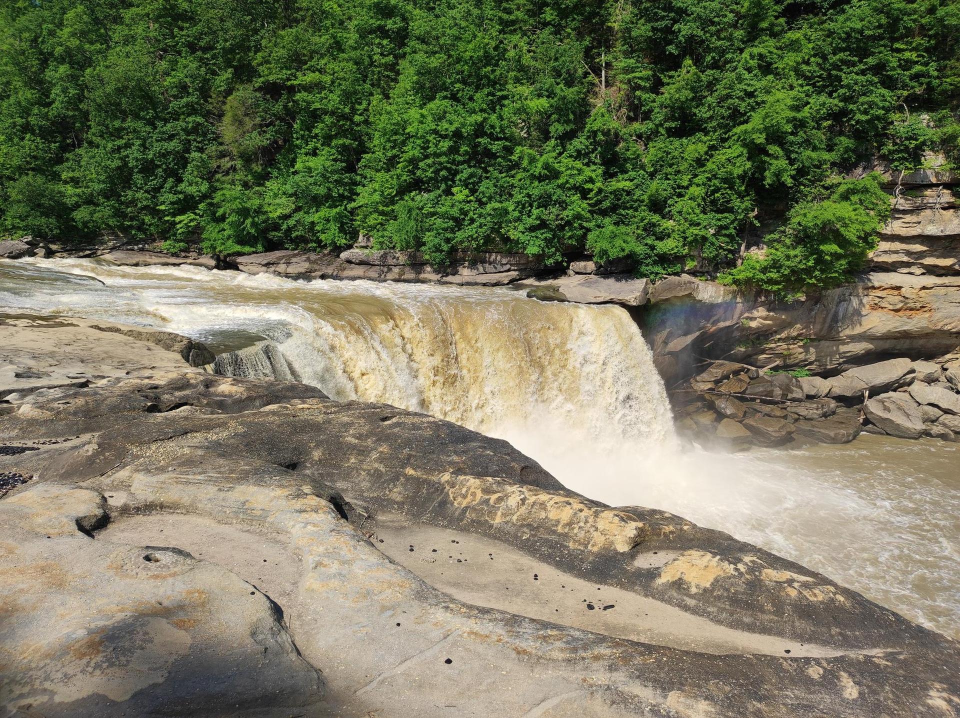Powerful waterfall cascades over rocks into a river, surrounded by green trees.