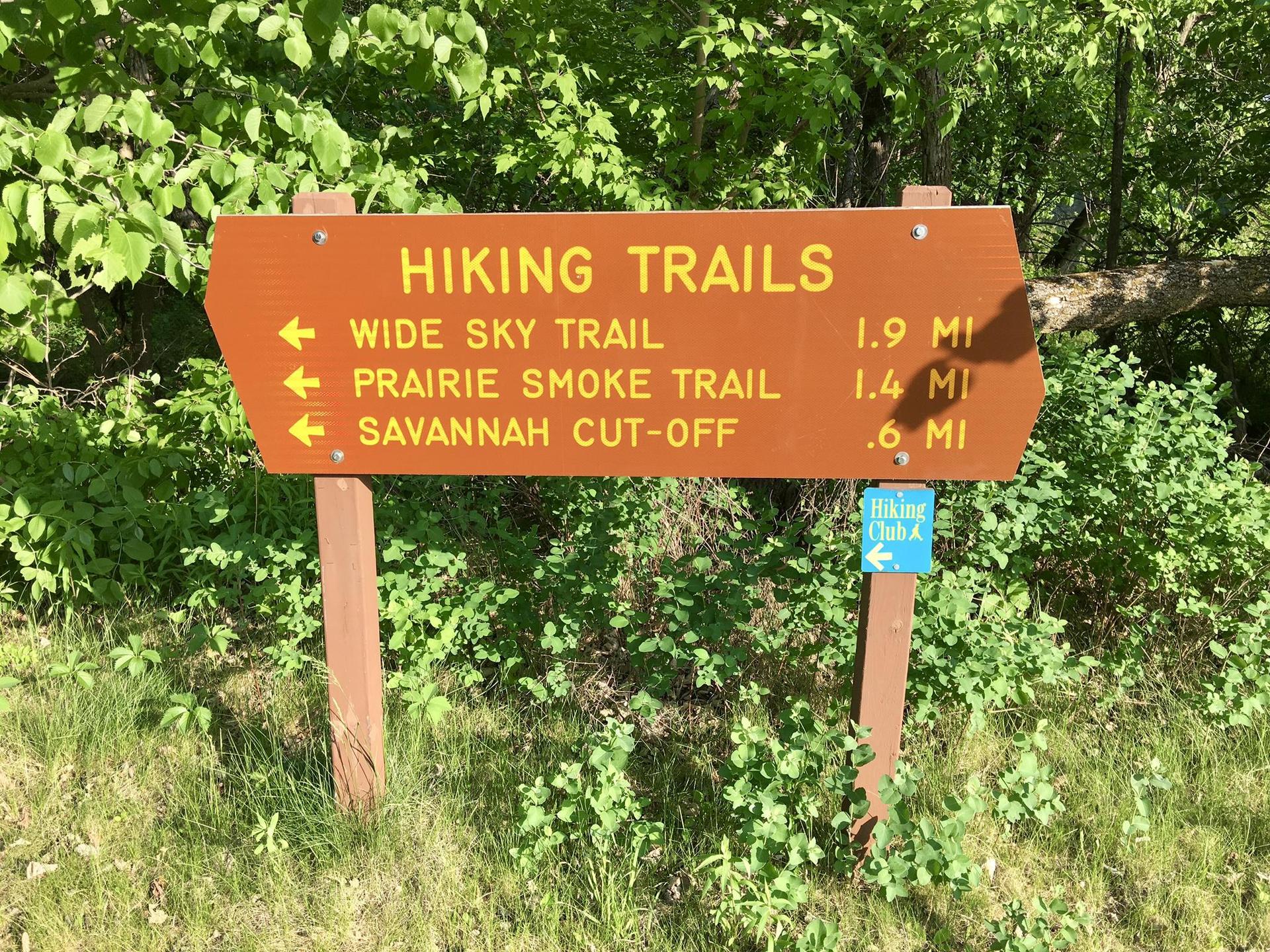 Brown wooden hiking trail sign surrounded by green bushes on a sunny day.
