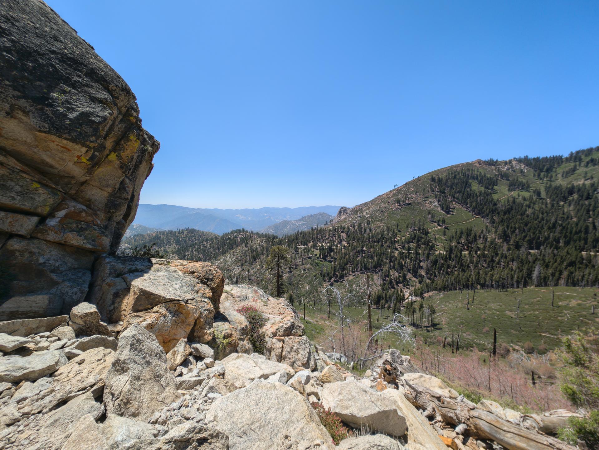 Rocky foreground overlooks vast forested mountains under a clear blue sky.