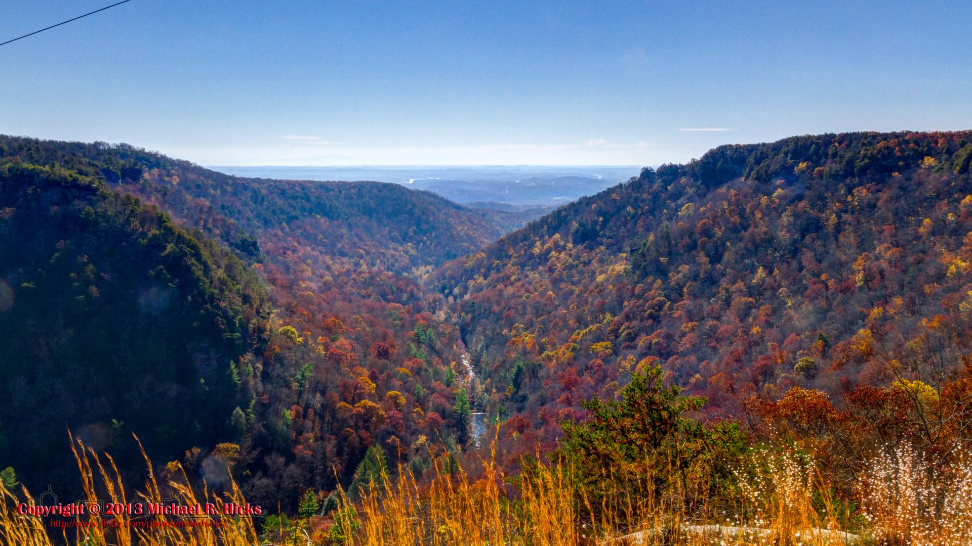 Vast valley with steep hillsides covered in vibrant autumn trees under a clear blue sky.