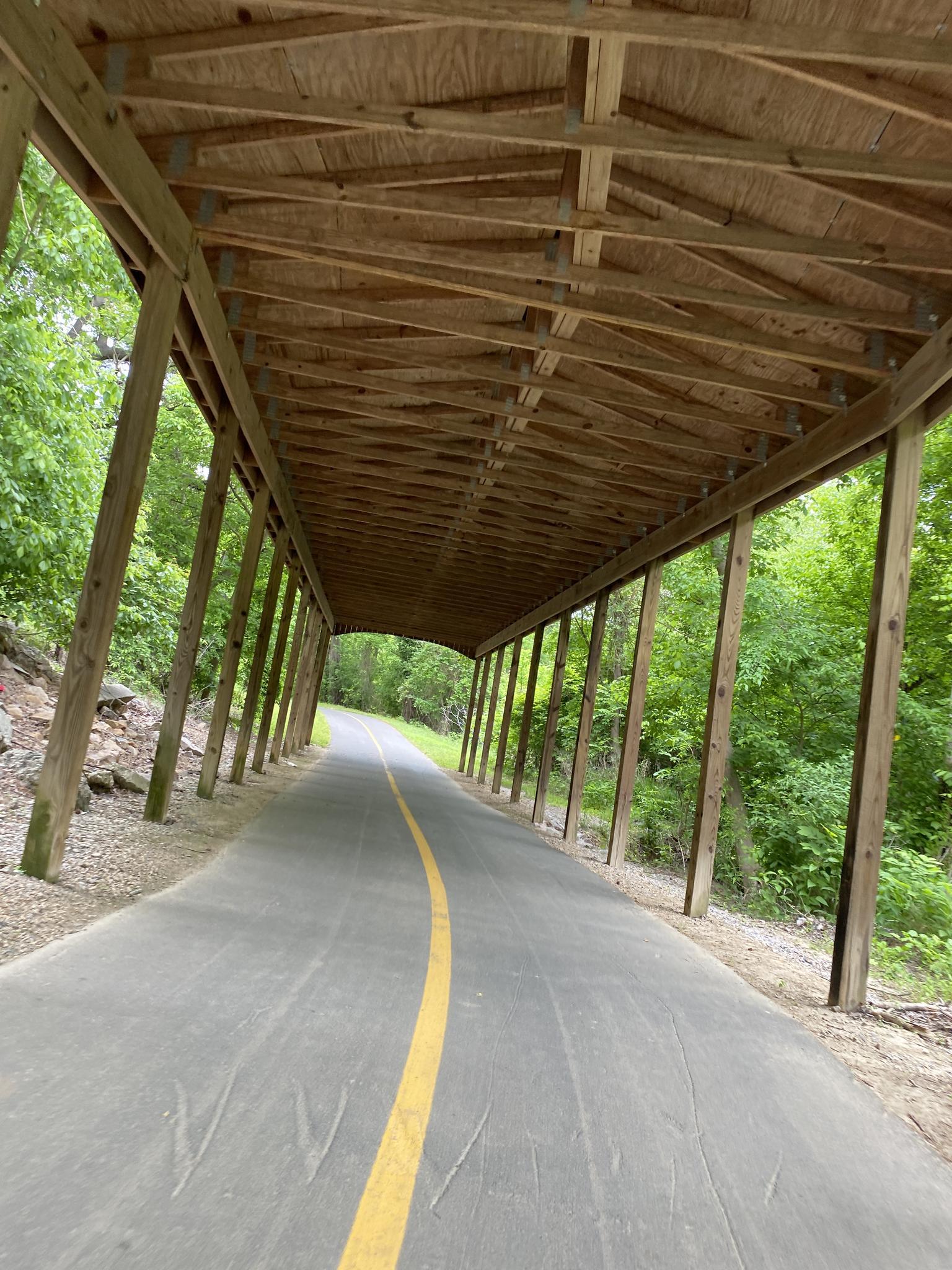 Paved path through a long wooden covered tunnel surrounded by green trees.