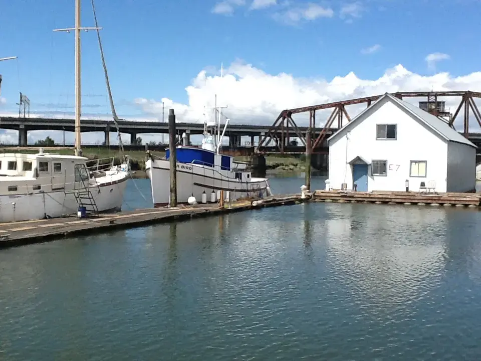 Boats docked at a sunny marina with a small building and bridge.