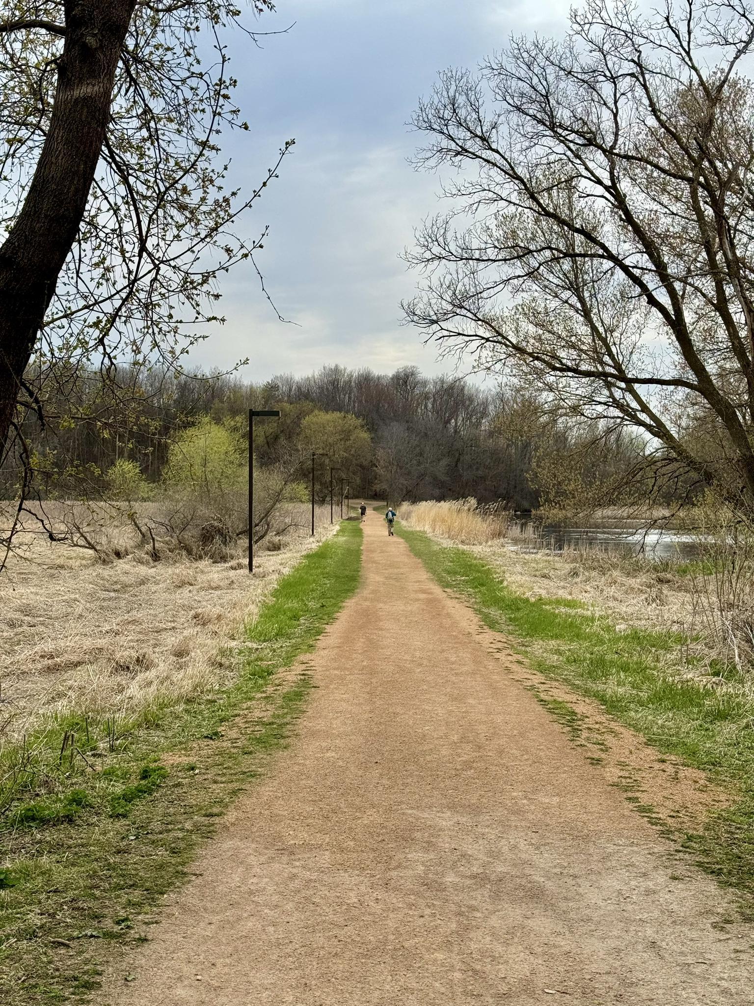 Long dirt path through dry grass with distant people walking.