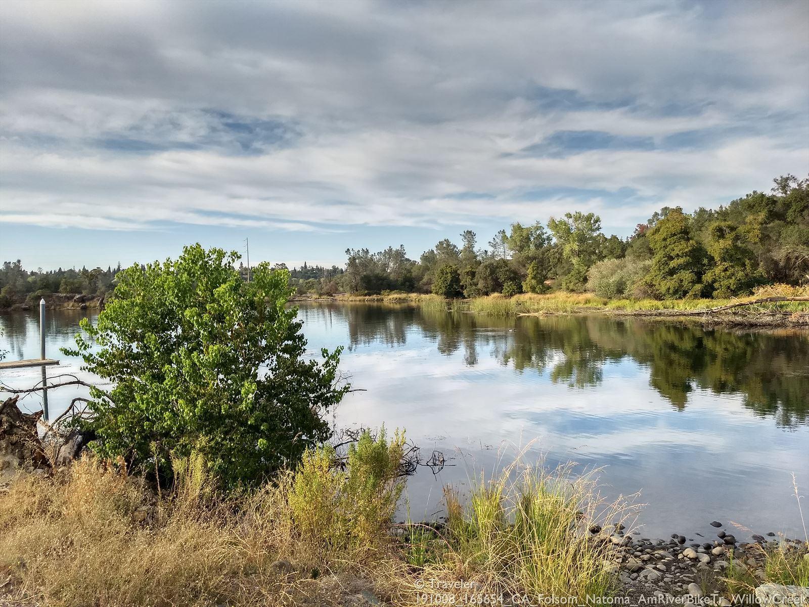 A calm river reflects trees and a cloudy sky, with dry grass in the foreground.