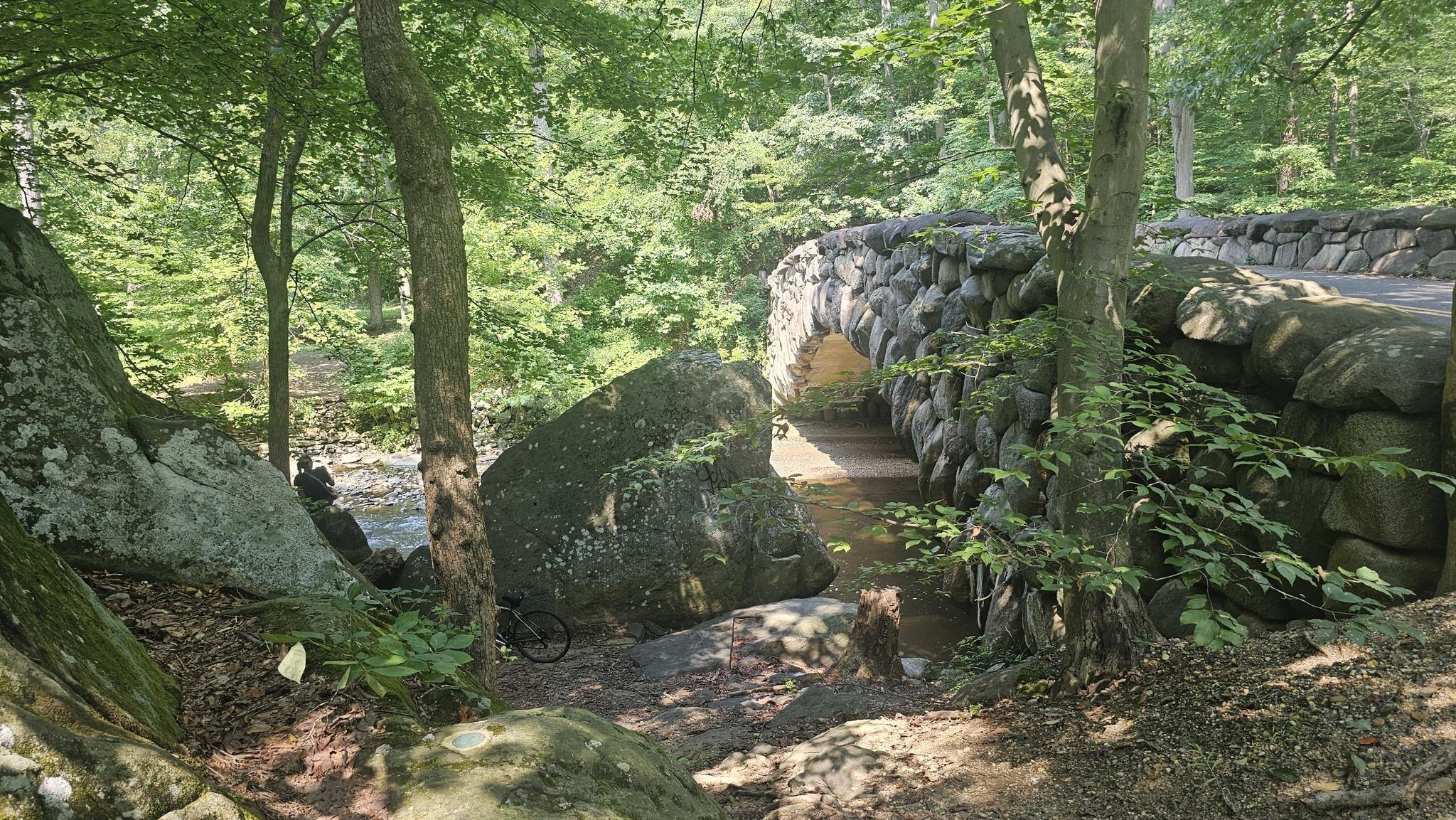 A stone arch bridge crosses a stream in a sun-dappled, rocky forest.