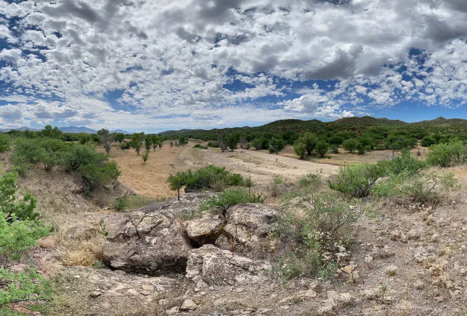 Wide landscape of a dry, rocky valley with green trees under a cloudy sky.