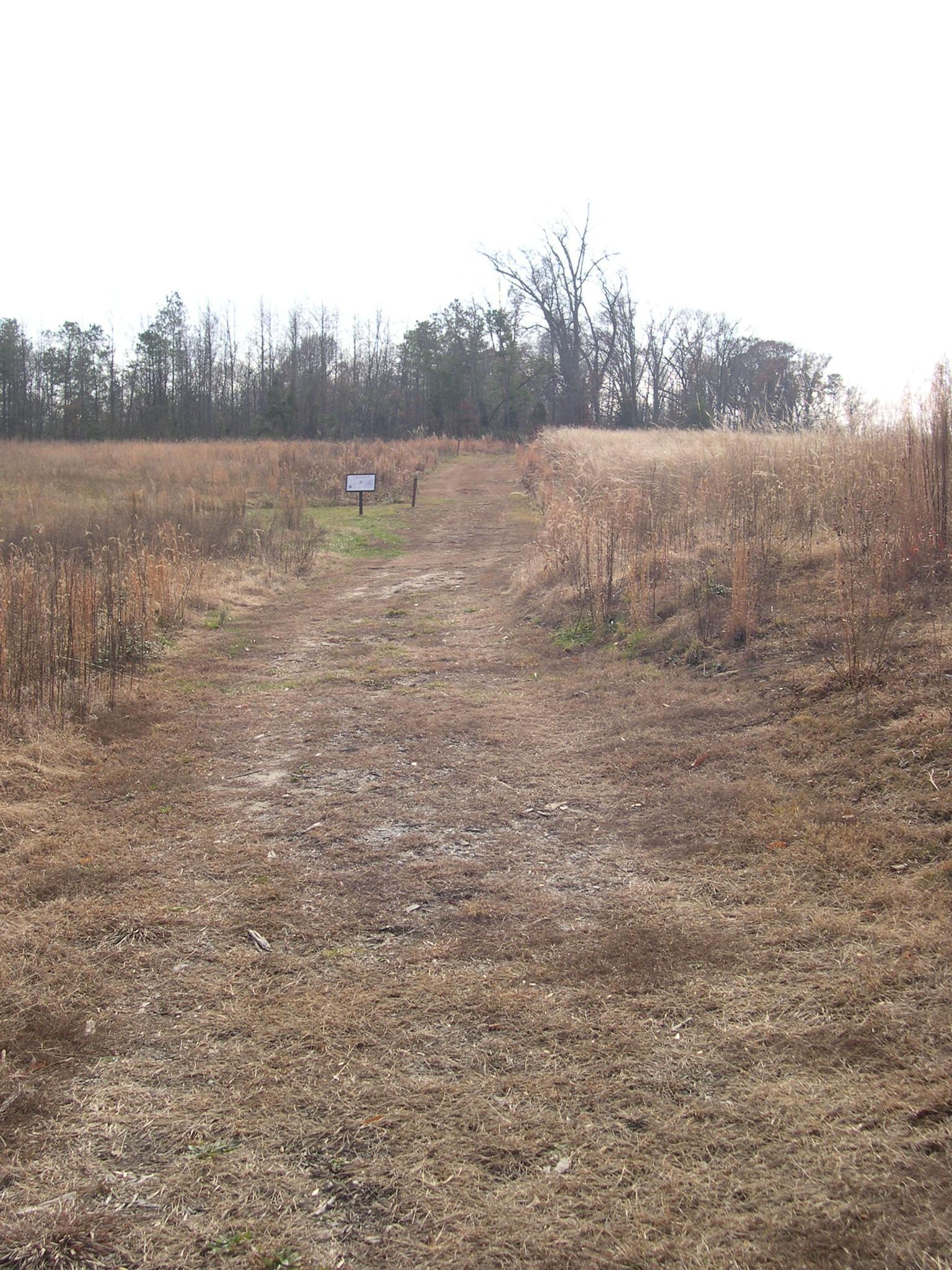 A dirt path leads through a dry, brown field under a bright sky.