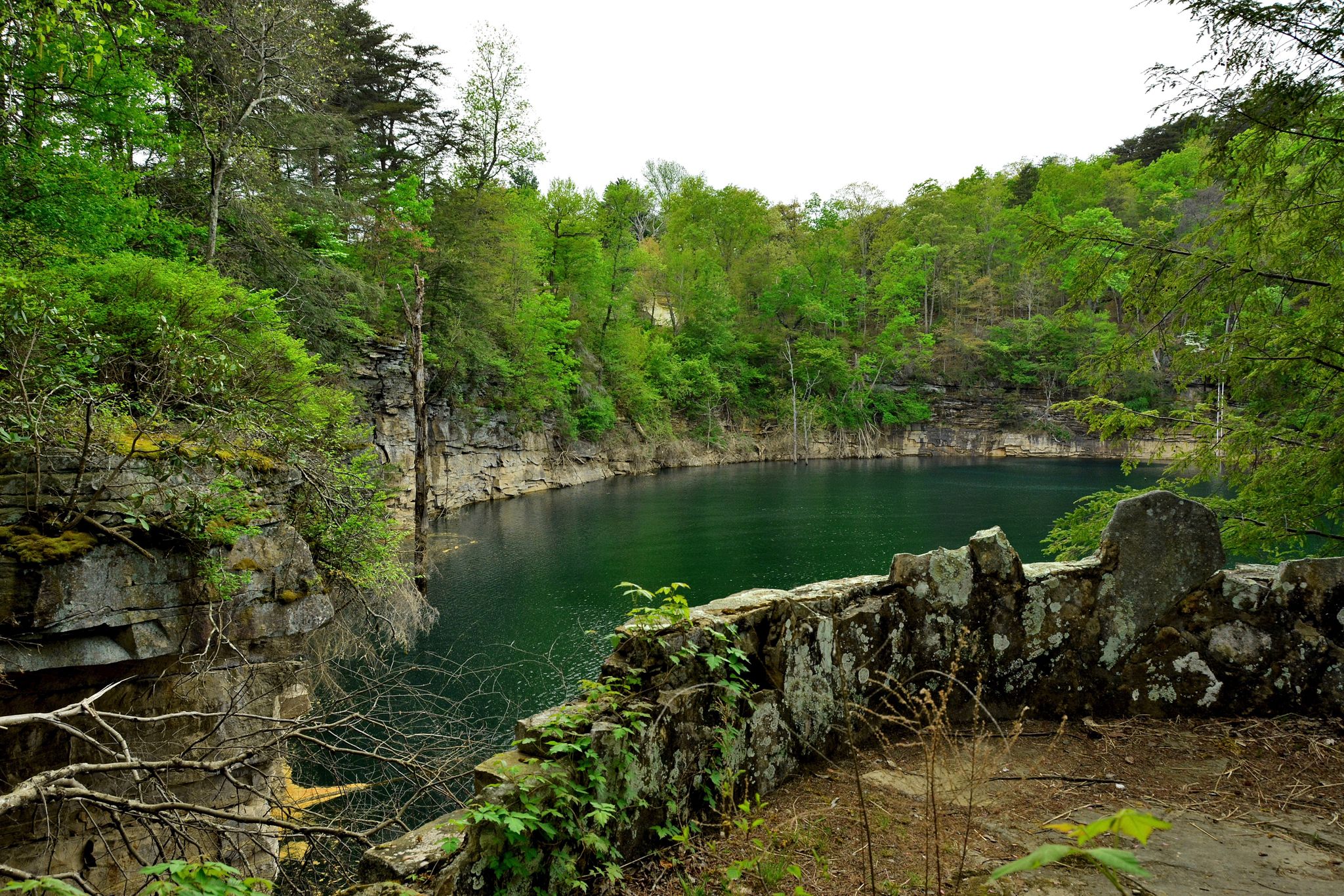 Dark green lake surrounded by rocky cliffs and lush green forest under soft light. - Daisy to Chickamauga Reservoir loop via Montlake — Hamilton County