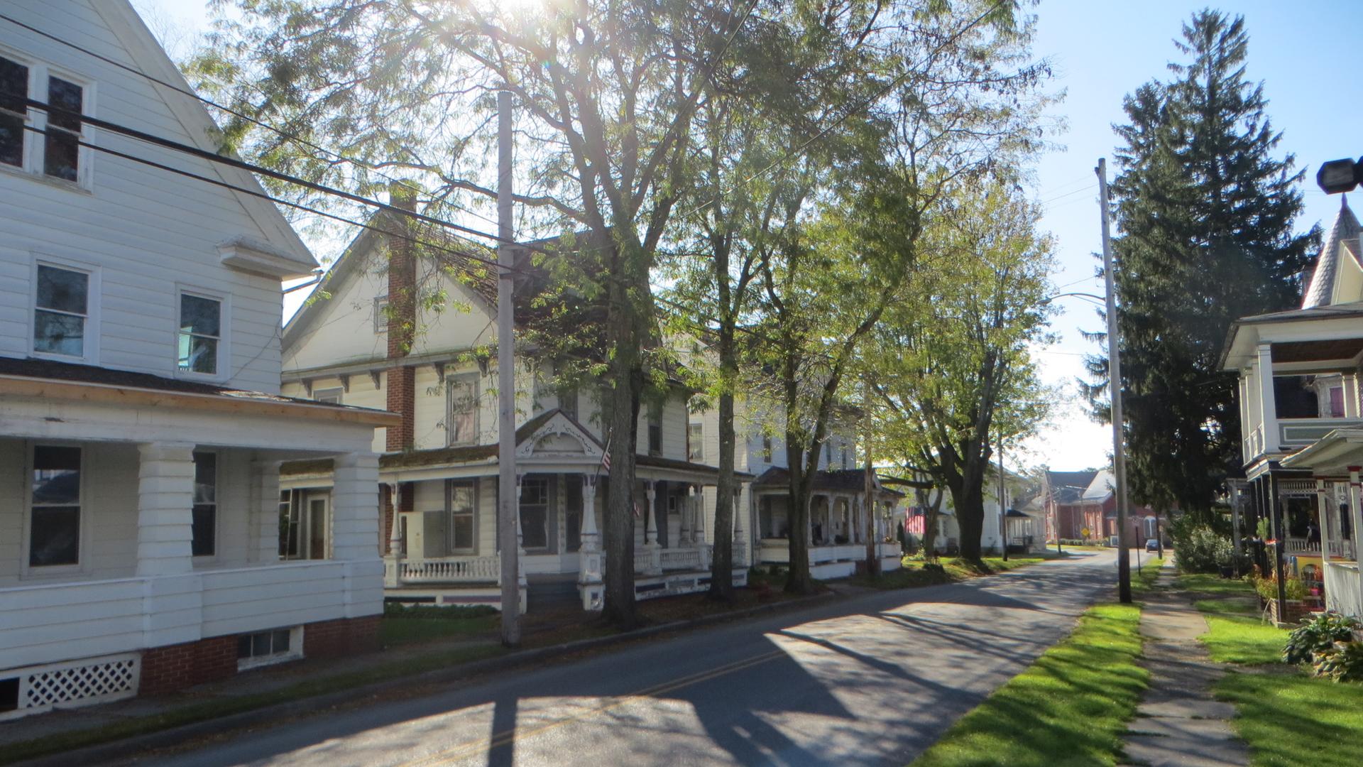 Sunlight shines on a street lined with large old houses and leafy trees.