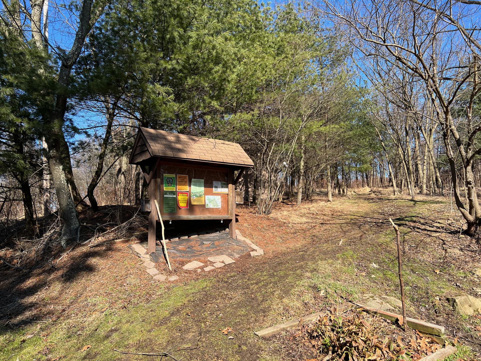 Wooden information kiosk on a sunny dirt path surrounded by trees.