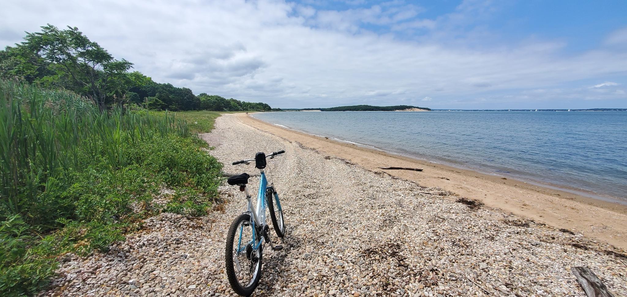 A light blue bicycle rests on a rocky beach beside calm blue water.