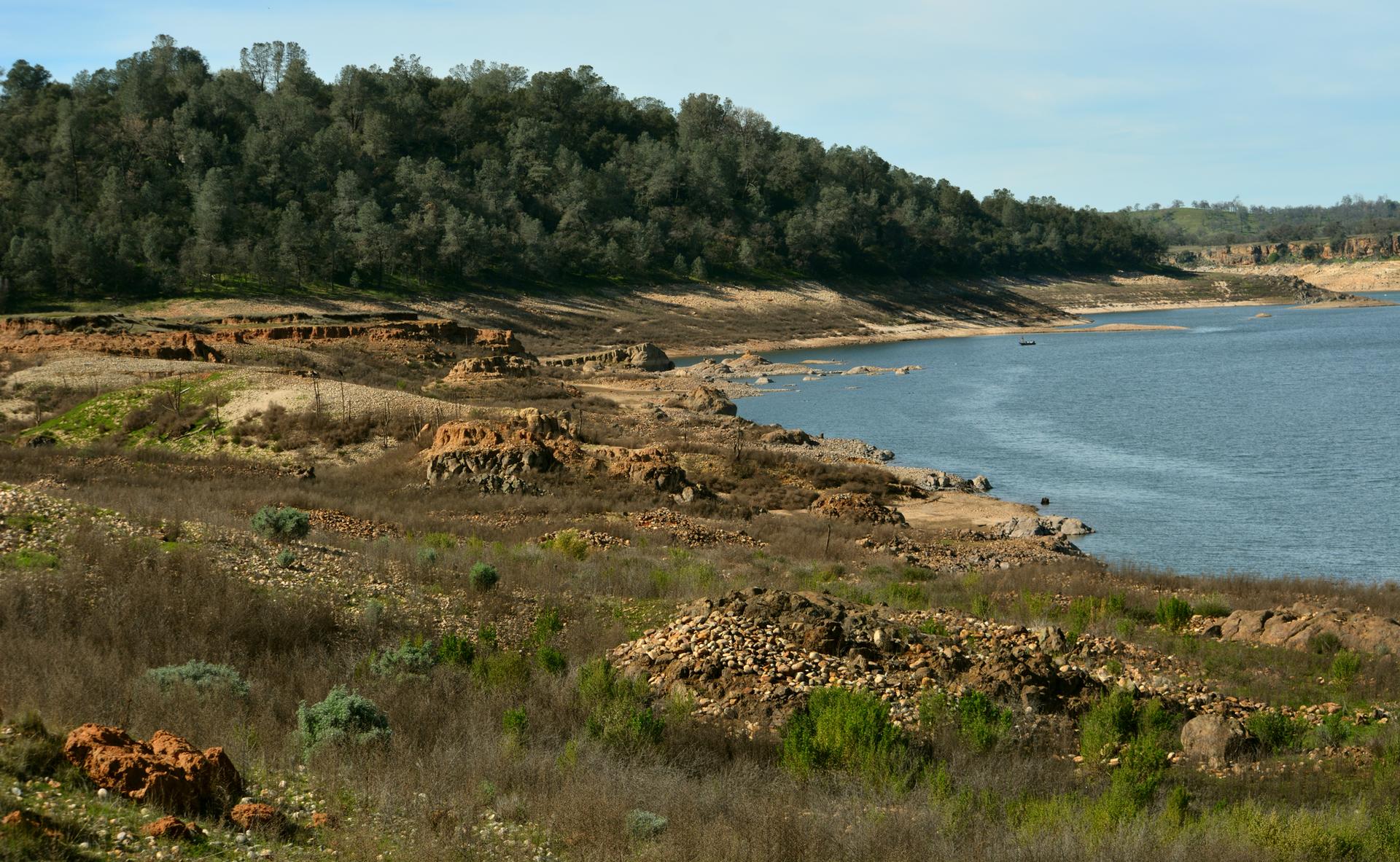 Exposed, rocky lake shore with dry vegetation and distant forested hills under clear sky.