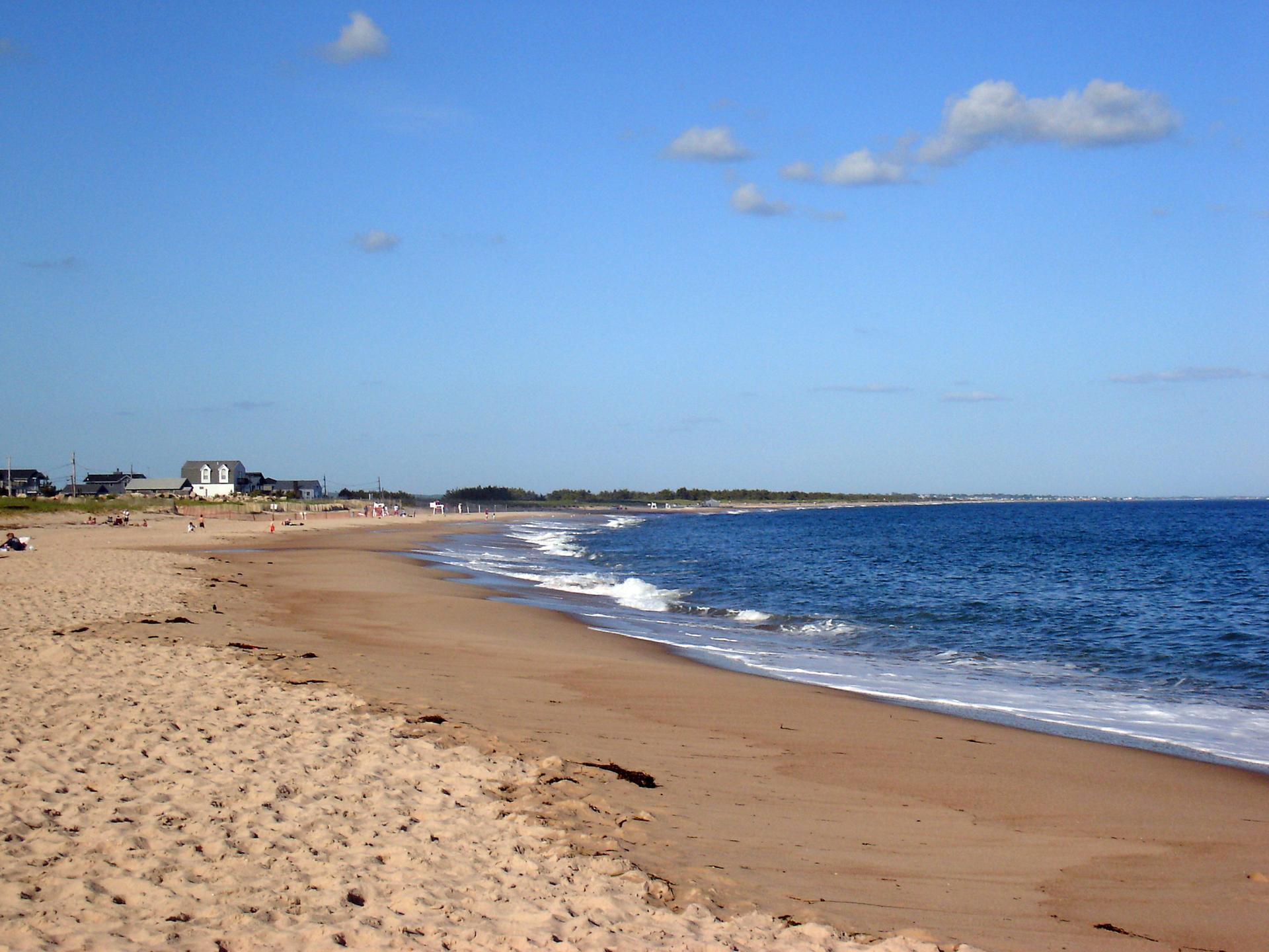 Sunny beach with blue ocean waves, distant houses, and a clear sky.
