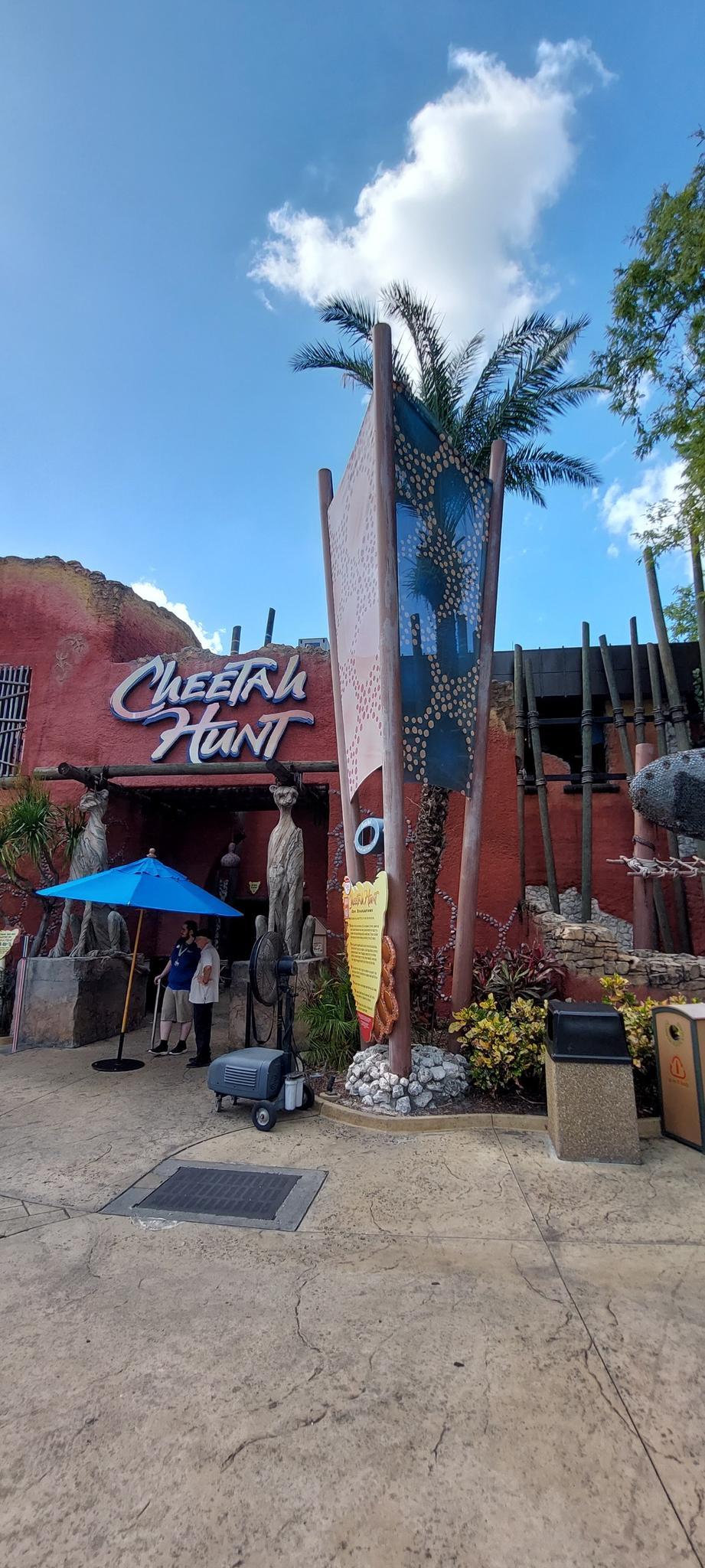 Bright daylight view of a themed attraction entrance with people and palm trees.