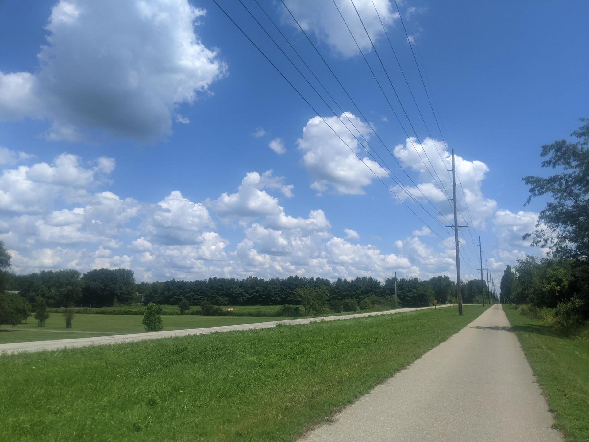 Paved path through green fields under a bright, cloudy blue sky.