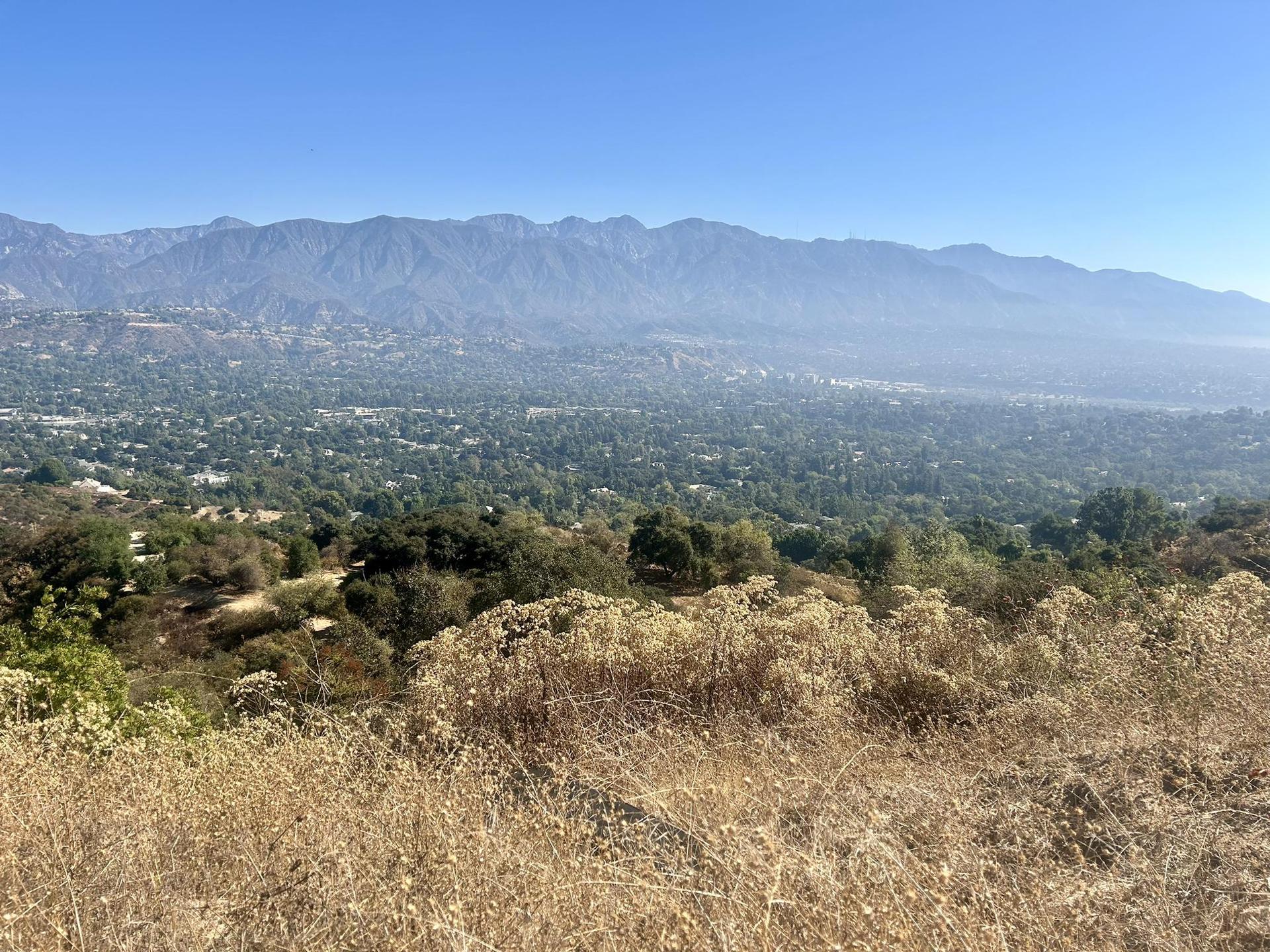 Hazy view of a vast green valley and distant mountains from a dry hillside.