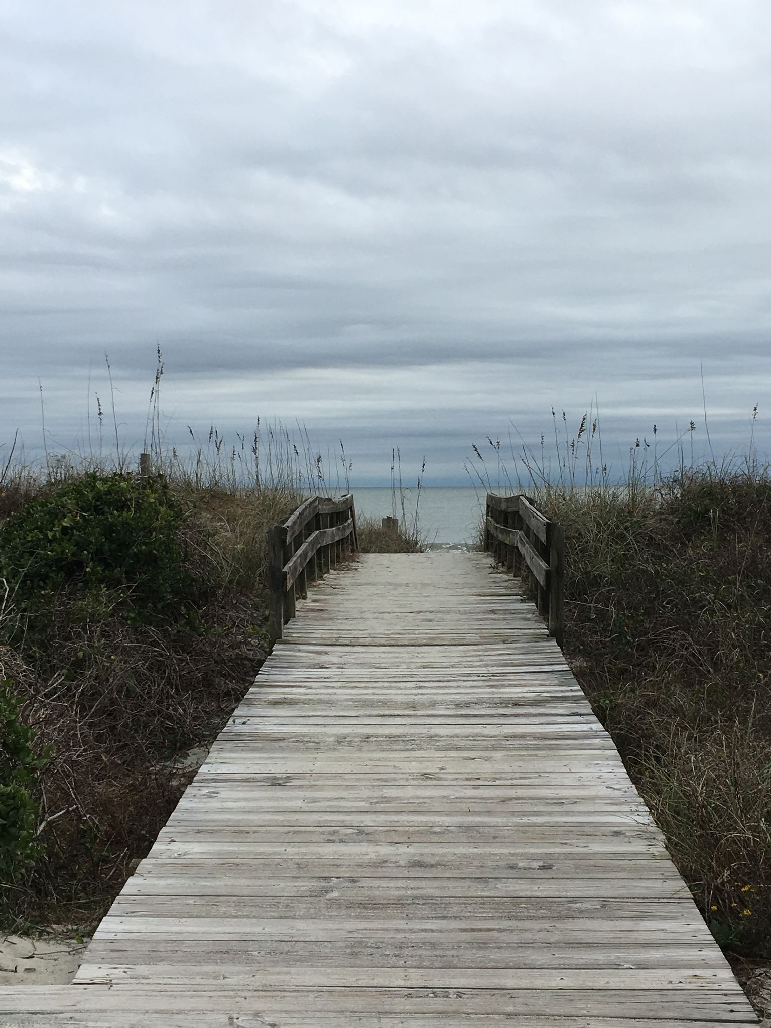 Wooden boardwalk leads through dunes to the ocean under an overcast sky. - Yaupon and Sculptured Oak Nature Loop Trail