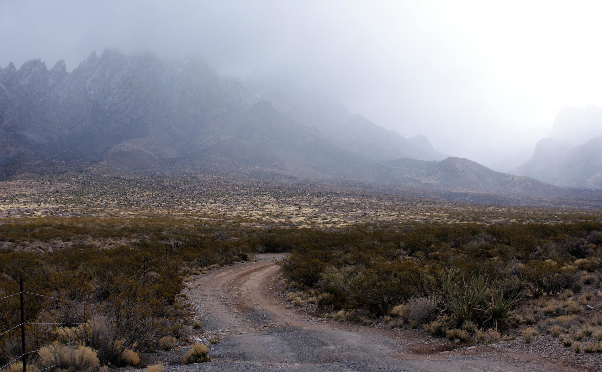 Dirt road winding through a misty, arid valley towards fog-covered mountains.