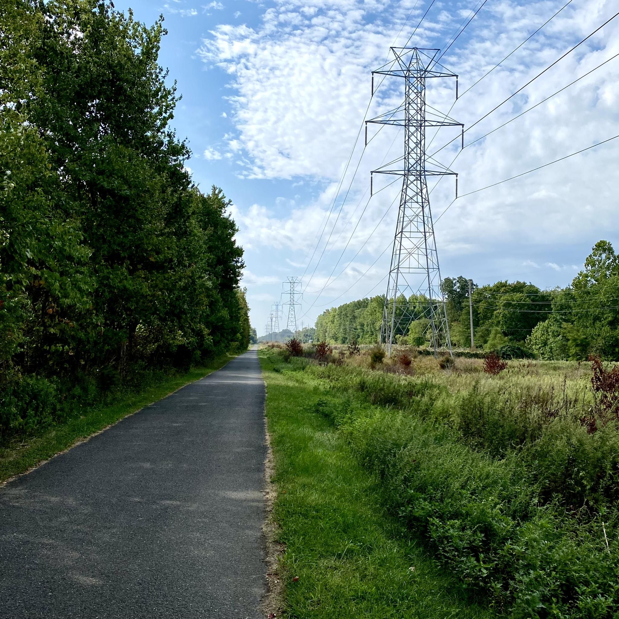 Paved path alongside power lines and green trees under a bright, cloudy sky. - Henry Hudson Trail