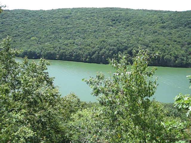 Lush green hills surround a calm, greenish-blue body of water on a sunny day.