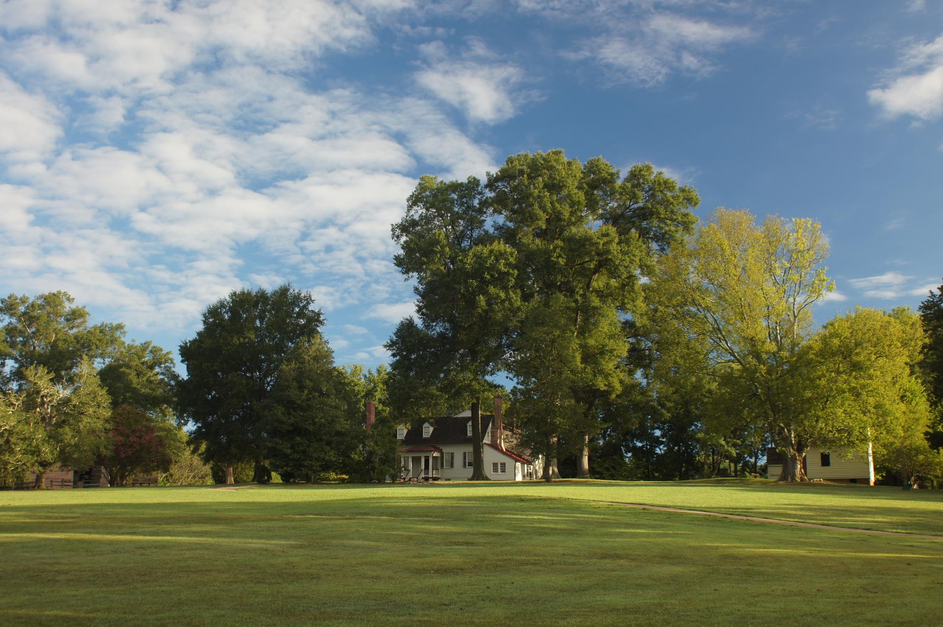 A house among tall trees on a green lawn under a sunny, cloudy sky.