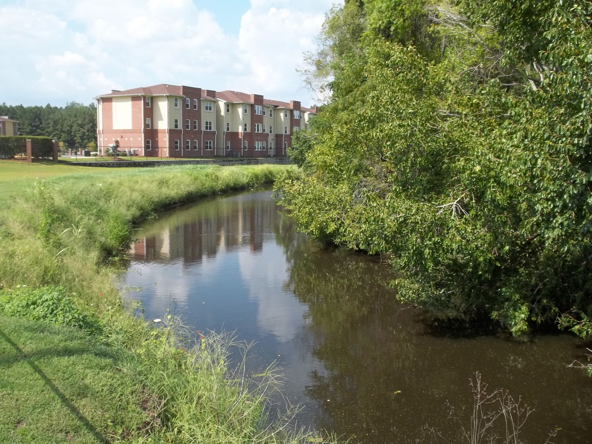 A calm river flows past green banks and distant brick buildings. - 50 mile loop via East Coast Greenway