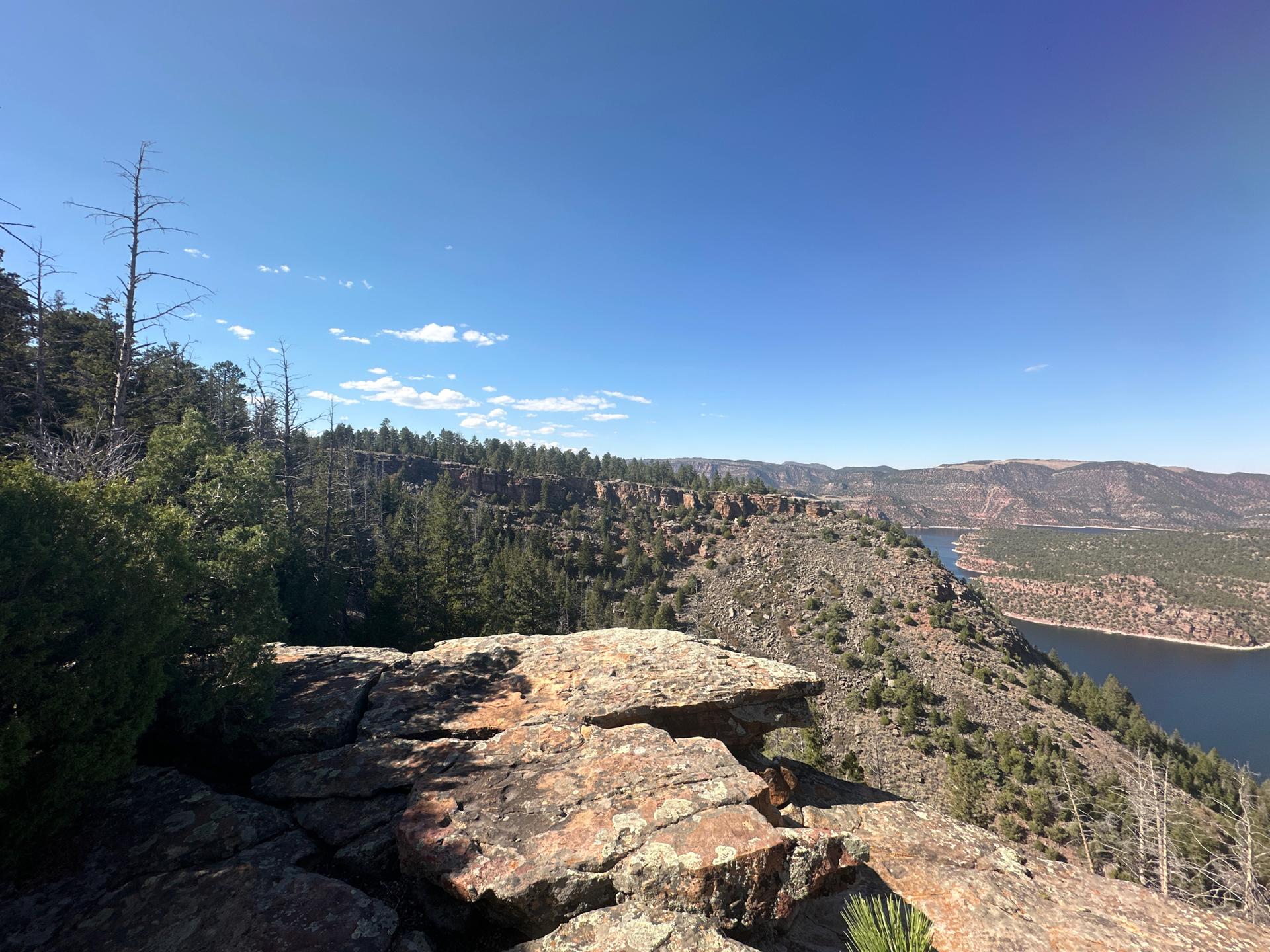 Sunny view from a rocky cliff overlooking a vast lake and forested mountains.