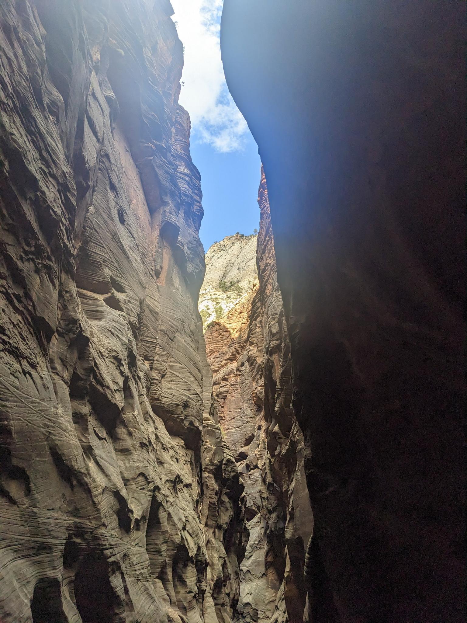 Sunlight illuminates a very narrow, dark slot canyon with towering walls.