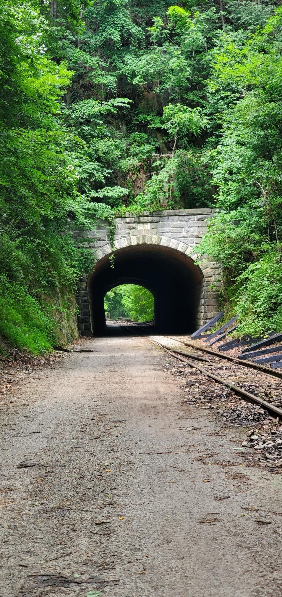 Stone tunnel entrance with railroad tracks and dirt path, surrounded by green trees.