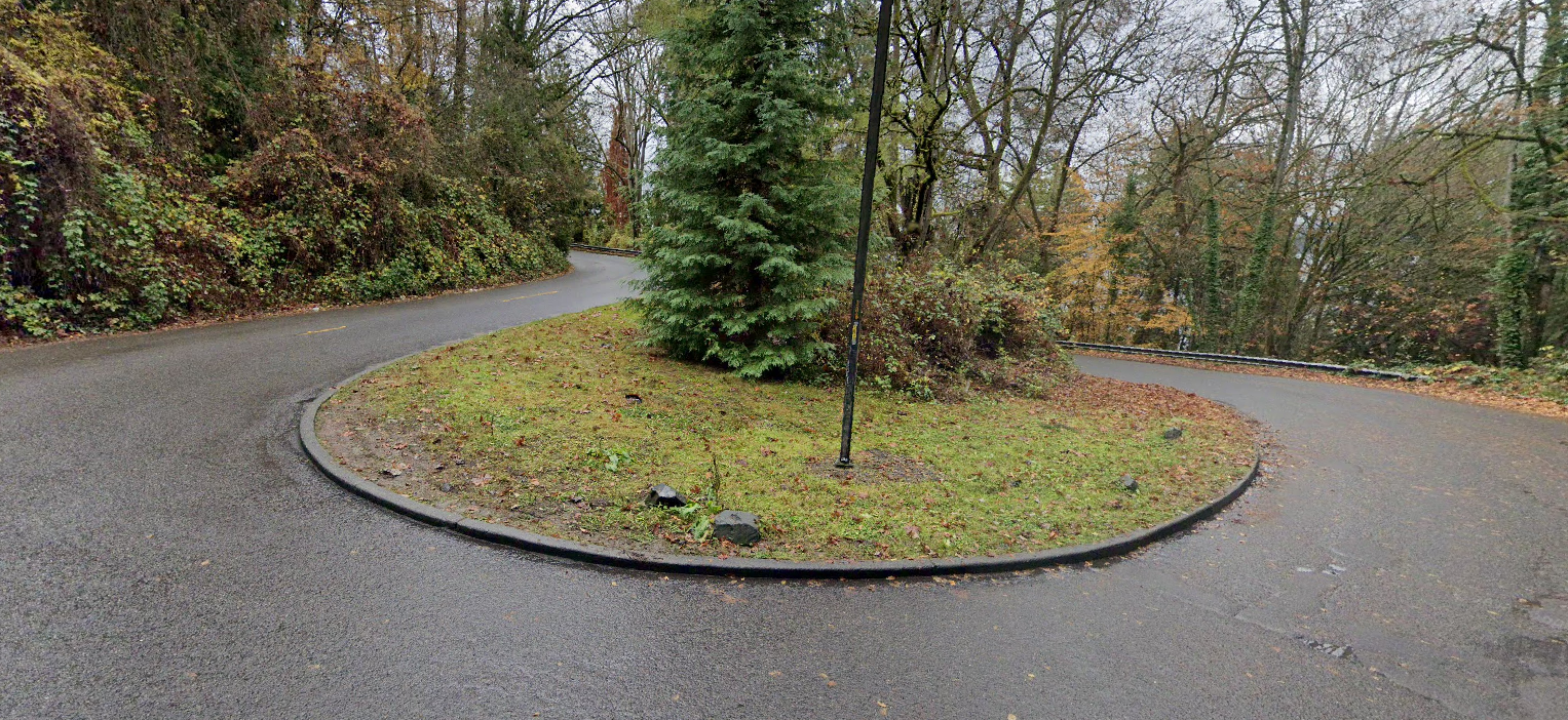 Winding road with a grassy median, surrounded by autumn trees.