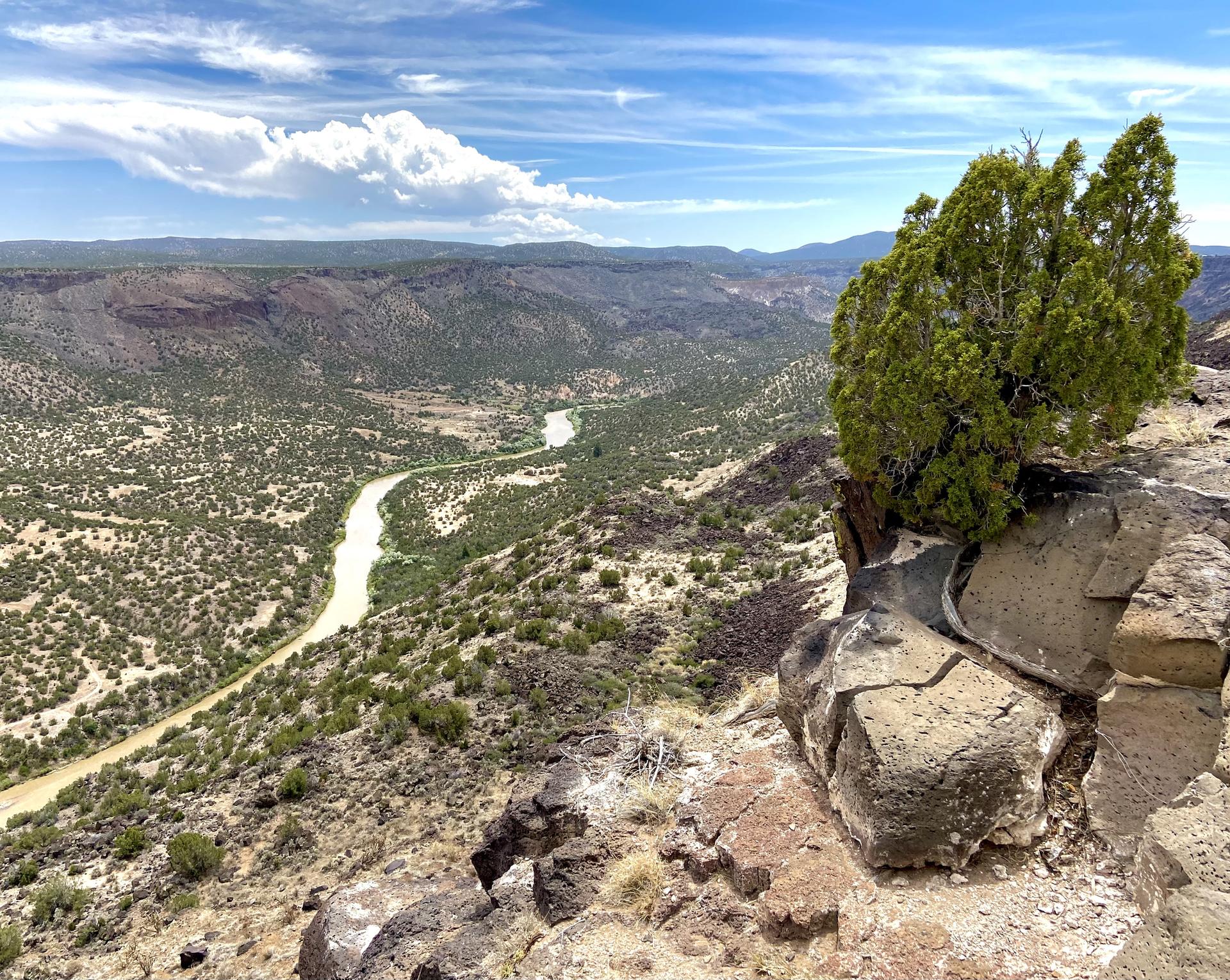 Overlook of a winding river in a dry canyon under a bright, cloudy sky.