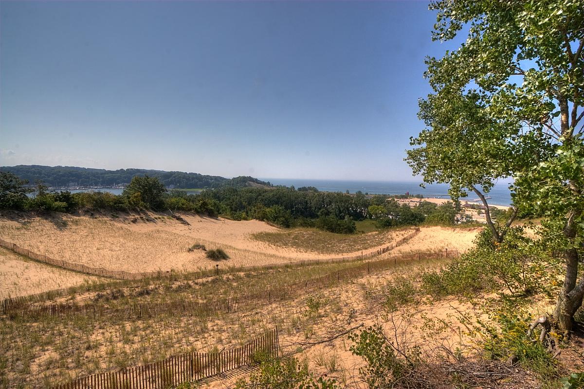 Expansive sand dunes with sparse vegetation, distant water under clear sky.