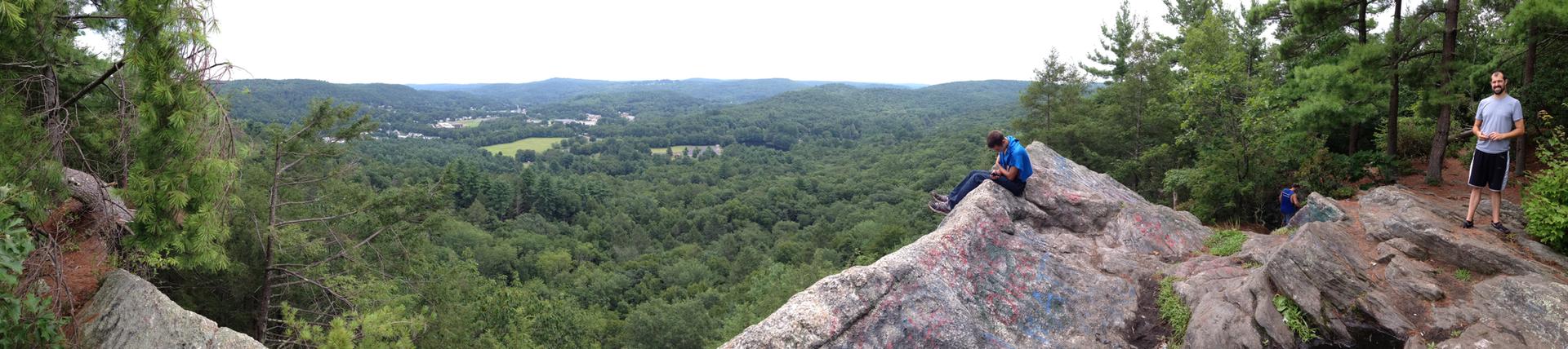 Hikers on a rocky cliff overlooking a vast green forest under a bright sky.