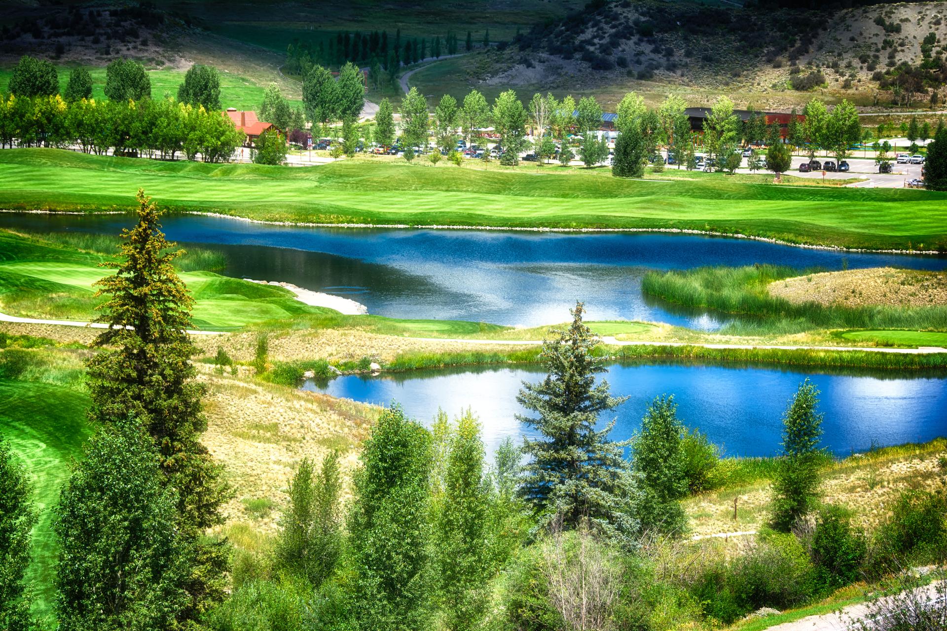 Vibrant green landscape with a bright blue lake, surrounded by trees and distant buildings.