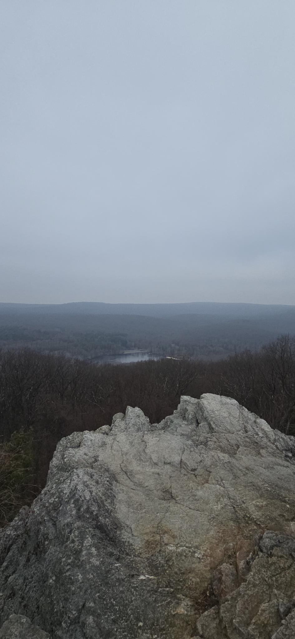 Overcast view from a rocky outcrop over forested hills and a distant lake.