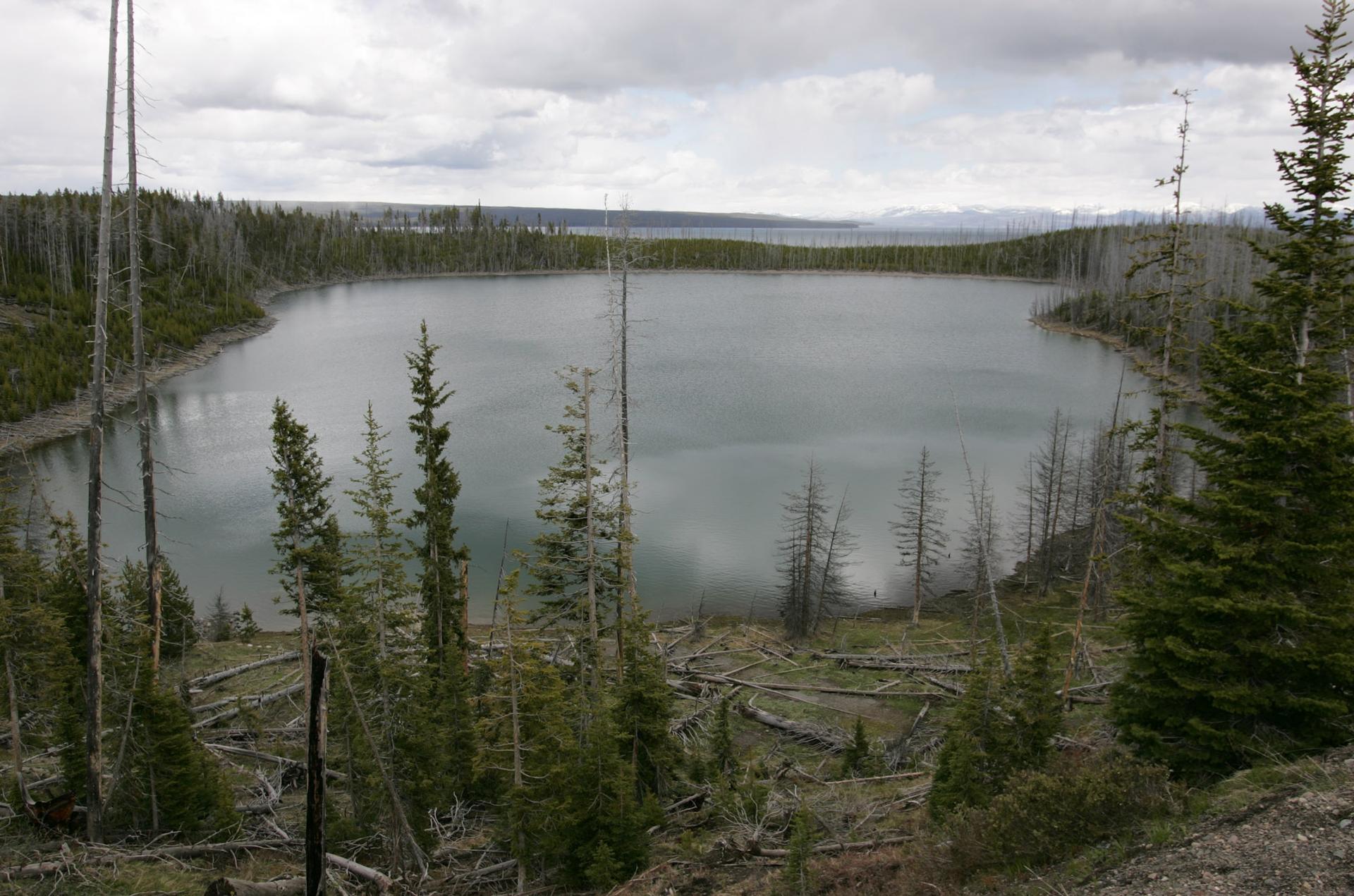 Overcast aerial view of a large lake surrounded by dense forest.
