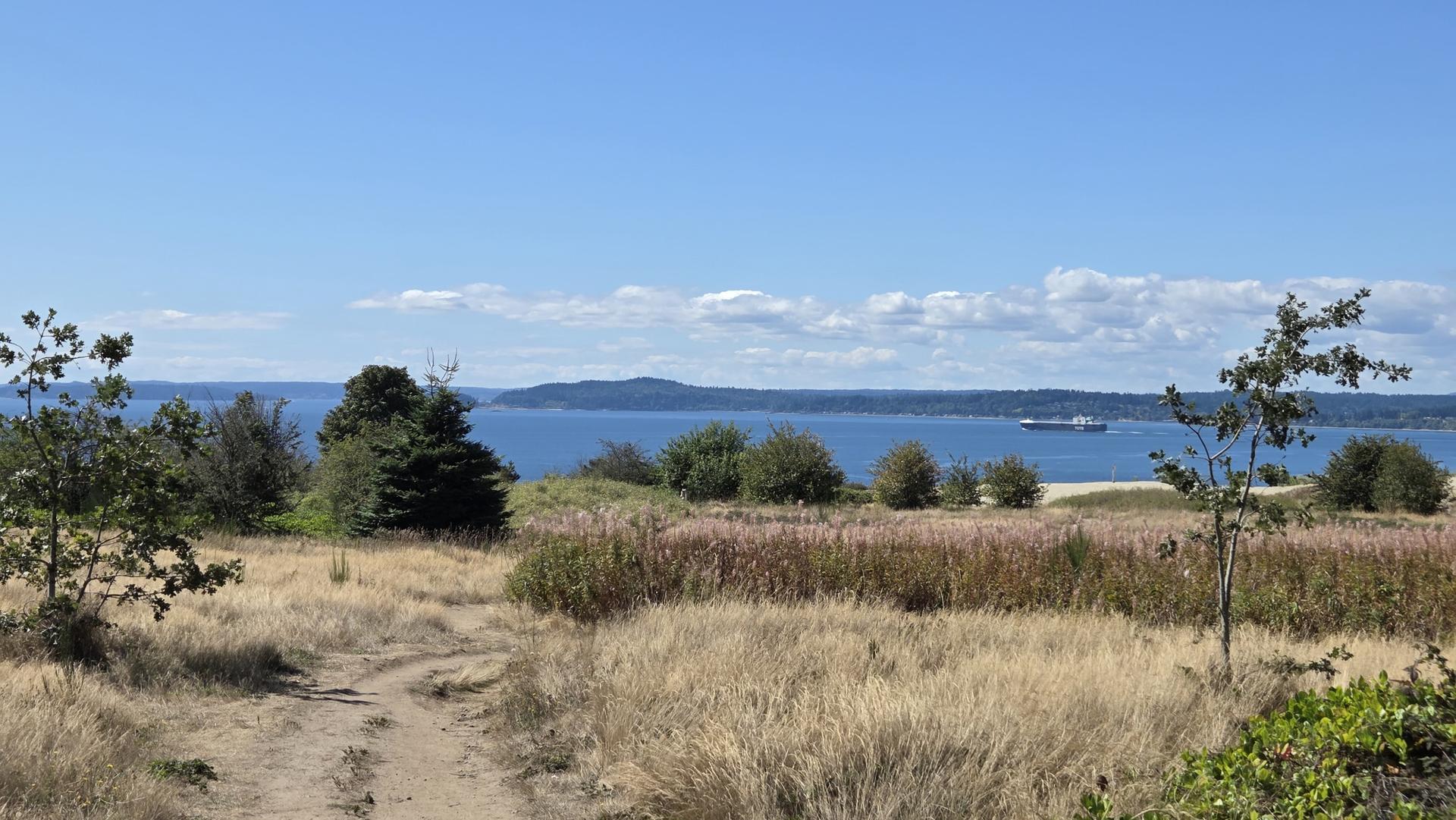 Dirt path through dry grass, leading to a wide body of water and distant hills.