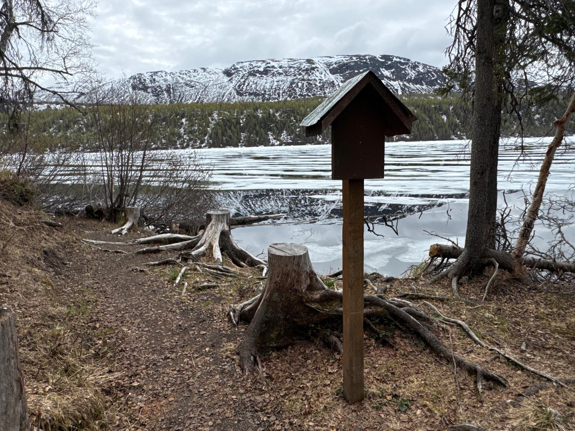 A wooden signpost stands on a snowy lake shore with distant mountains.