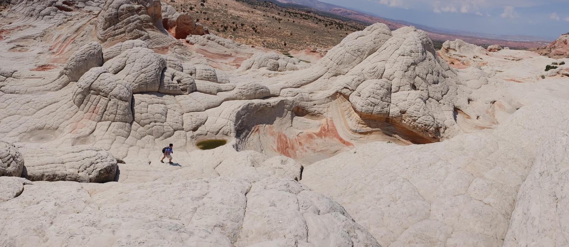 A person walks across vast, wavy white rock formations with red streaks and small pools.