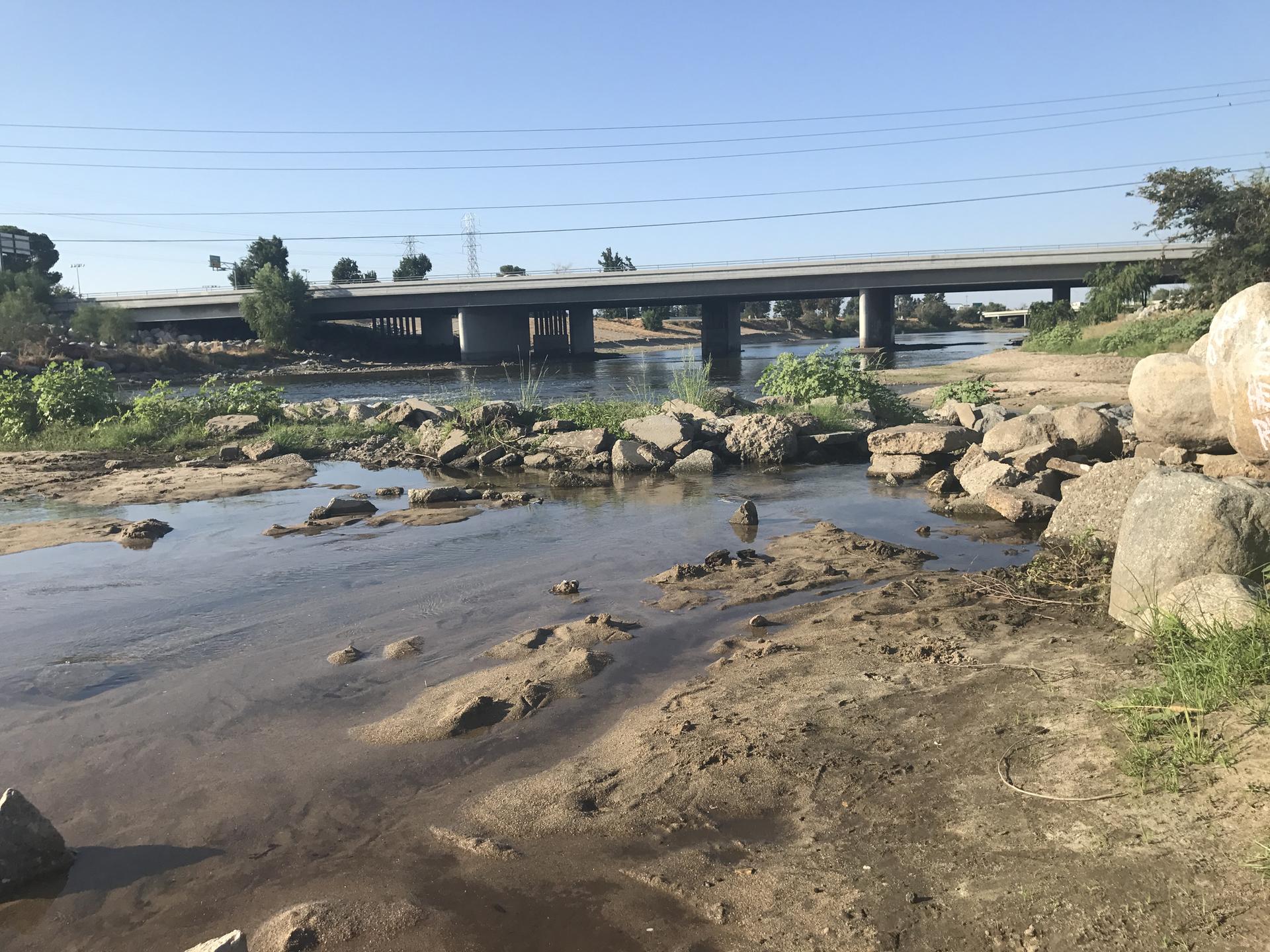 A wide river flows under a large concrete bridge on a sunny day.