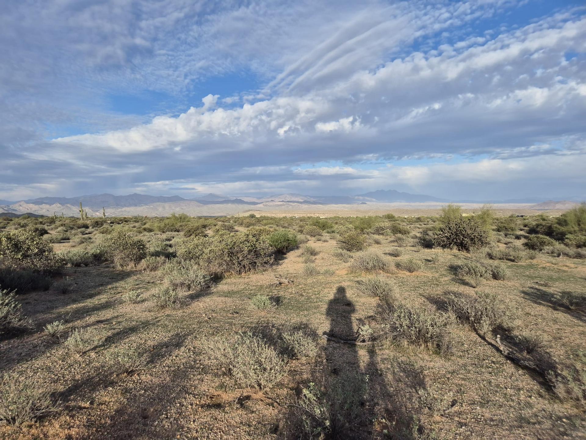 Vast desert landscape under cloudy sky, person's shadow visible on ground.